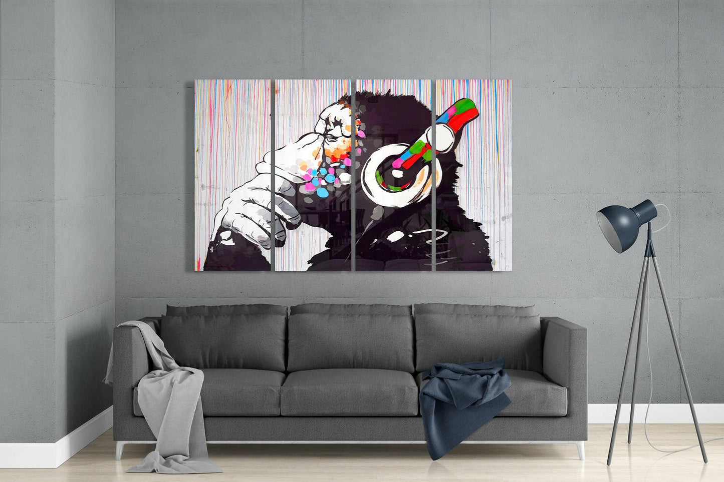 Thinking Chimp With Headphones Drip Stripes 4 Pieces Mega Glass Wall Art