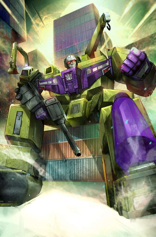 Green and purple Transformer robot wielding a large gun in an urban cityscape with dramatic lighting.