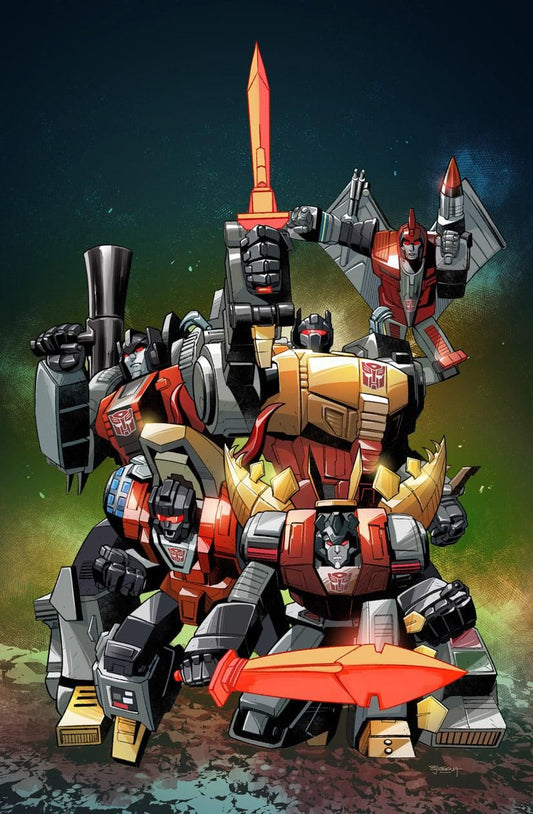 Illustrated cover art featuring a group of red, gray, and yellow Transformers robots stacked in formation against a dark teal and green gradient background with glowing weapons.