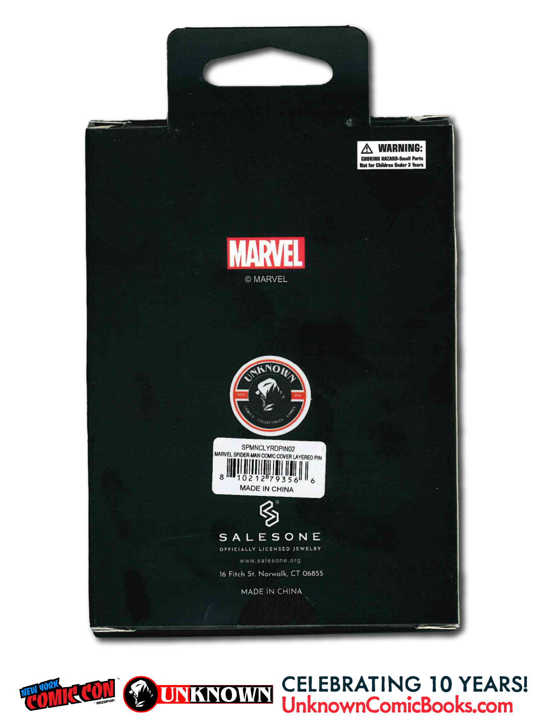 Back of a black pin packaging box showing a red Marvel logo, warning label, and barcode sticker reading Spider-Man layered pin.
