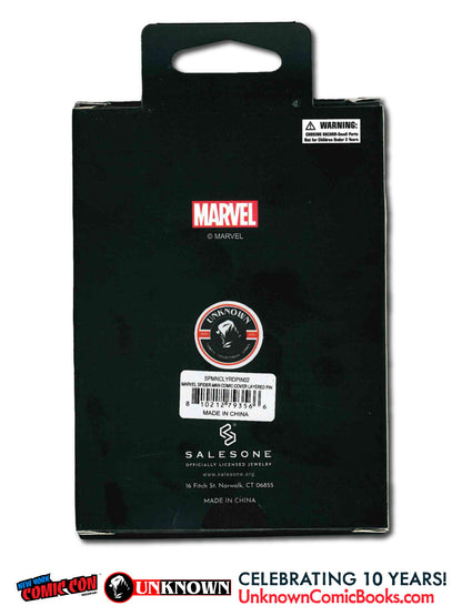 Back of a black box showing a red Marvel logo, Unknown badge, and barcode label for a Spider-Man layered pin.