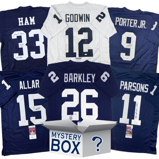 Six autographed Penn State football jerseys in navy and white with player names and numbers arranged around a white mystery box with question mark.