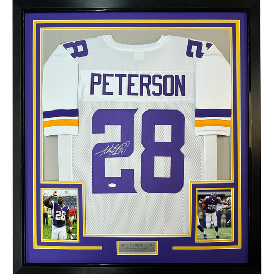 Framed Autographed/Signed Adrian Peterson 35x39 Minnesota White Football Jersey JSA COA