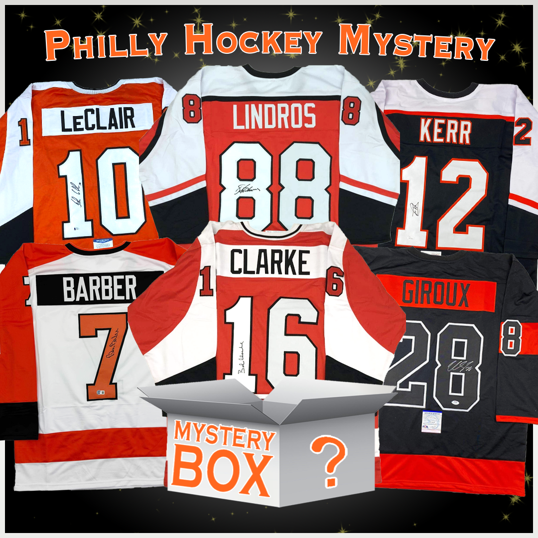 Five signed Philadelphia Flyers jerseys displayed on black background with orange mystery box in center.