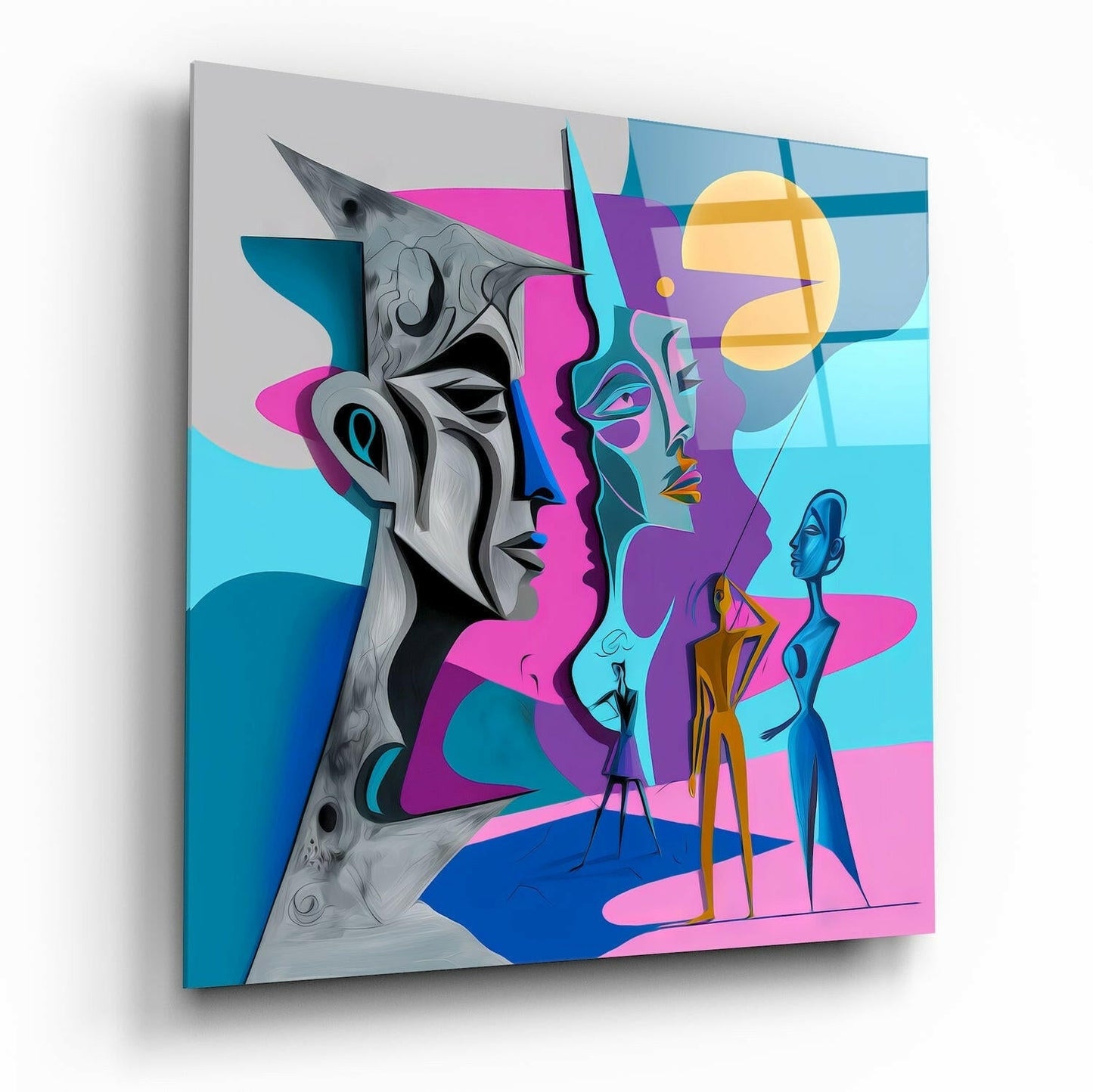 Blue Cubist Stone Profile Faces Glass Wall Art