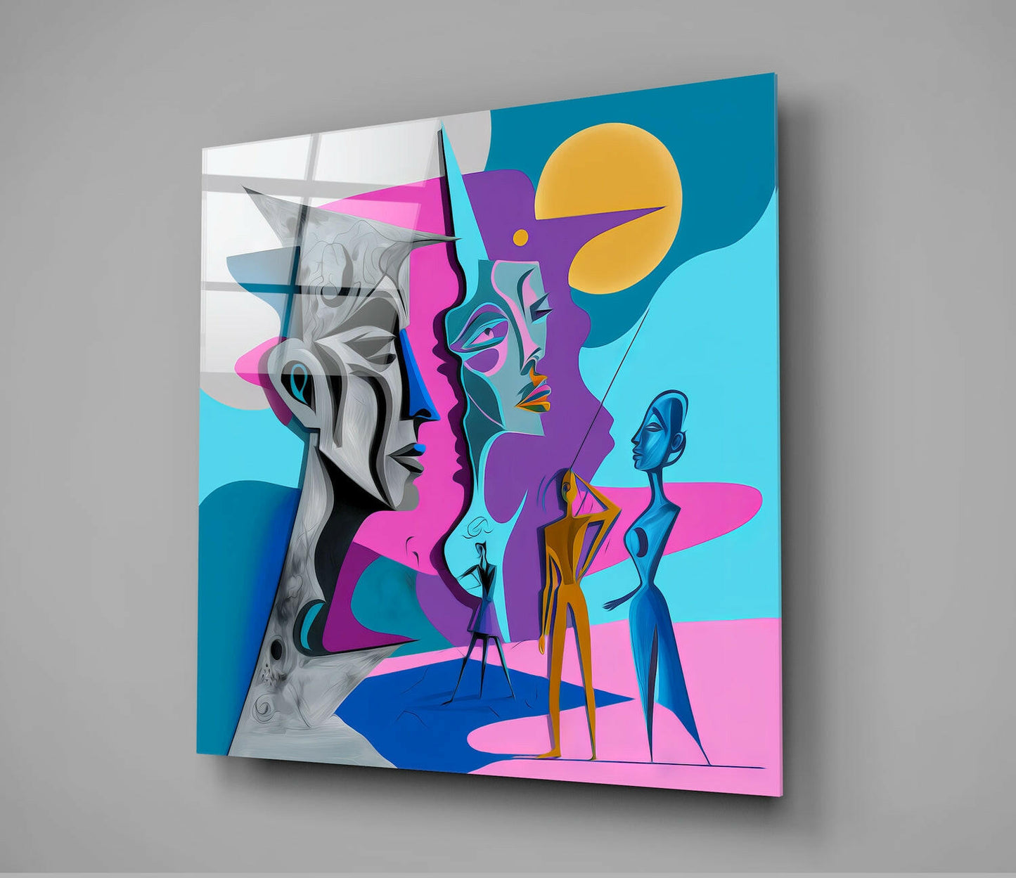 Blue Cubist Stone Profile Faces Glass Wall Art