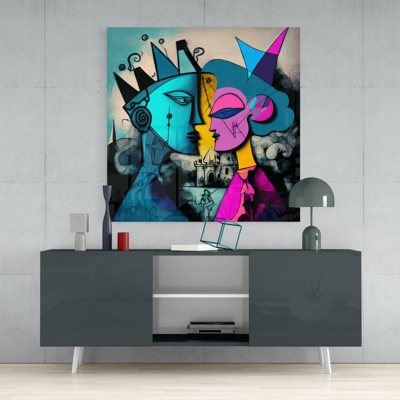 Crowned Cubist Profiles Castle Glass Wall Art