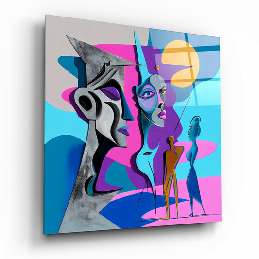 Modern glass wall art featuring stylized stone profile heads with vibrant magenta, cyan, and purple geometric shapes on a light background, displayed at an angle.