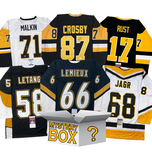 Six autographed Pittsburgh Penguins hockey jerseys in black, white, and gold displaying player names Malkin, Crosby, Rust, Letang, Lemieux, and Jagr arranged around a gray mystery box.