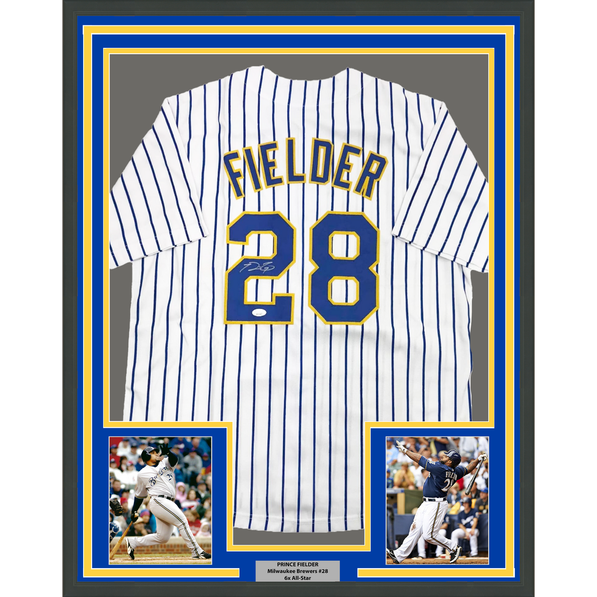 Framed Autographed Prince Fielder 35x39 Milwaukee White Pinstripe Baseball Jersey JSA COA