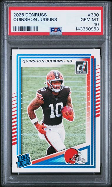 Front of graded PSA 10 Gem Mint 2025 Donruss Quinshon Judkins rookie card showing player in red helmet and black jersey holding football.