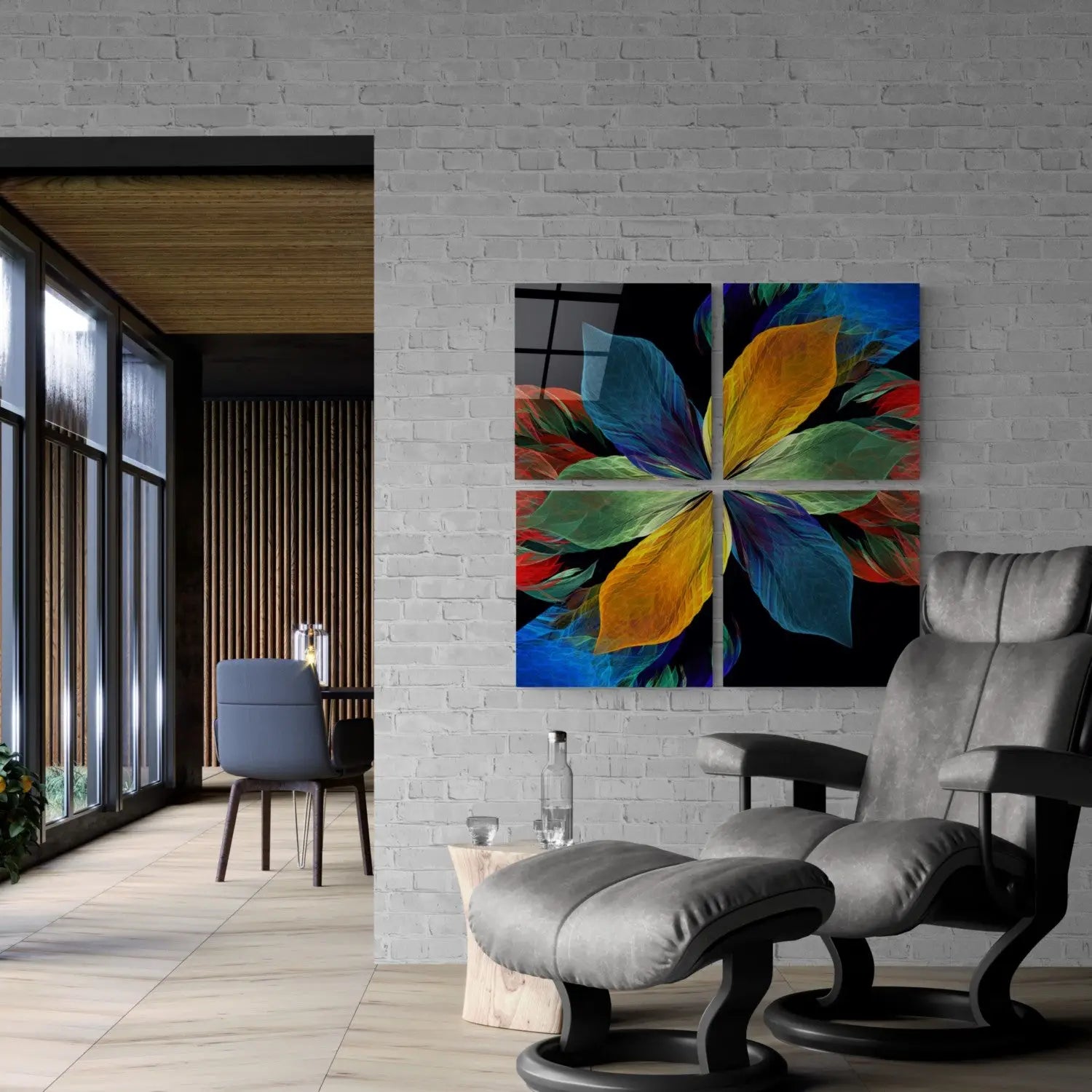 Vibrant Explosive Floral glass wall art in bold blue yellow green petals