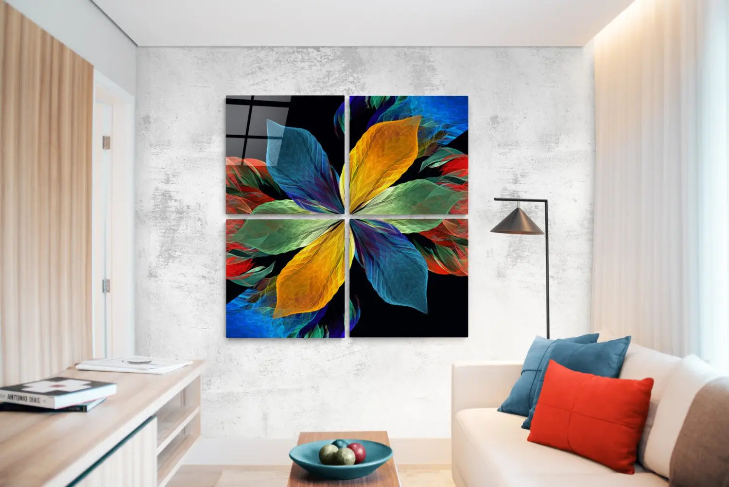 Vibrant Explosive Floral glass wall art in bold rainbow colors