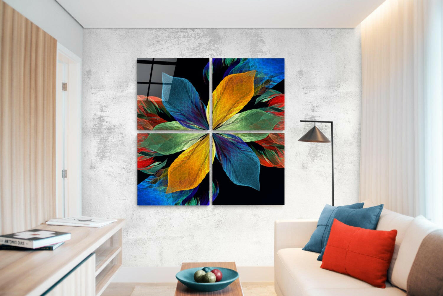 Fortune Flower Quadro Glass Wall Art displayed in modern living room above cream sofa with colorful abstract floral petals on black background.
