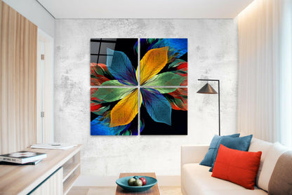 Fortune Flower Quadro Glass Wall Art displayed in modern living room above cream sofa with colorful abstract floral petals on black background.