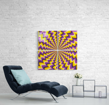 Four-panel glass wall art with yellow and purple zigzag optical illusion pattern displayed above black chair in modern interior setting.