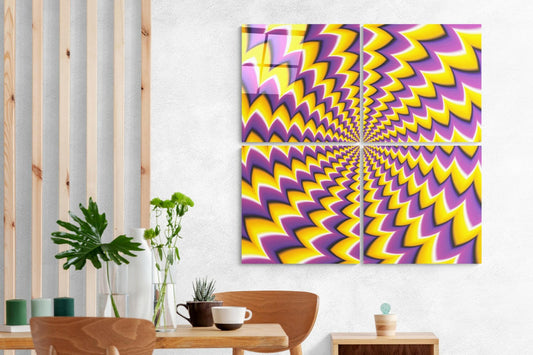 Vibrant yellow and purple optical illusion glass wall art displayed as four panels above wooden furniture in a minimalist interior setting.