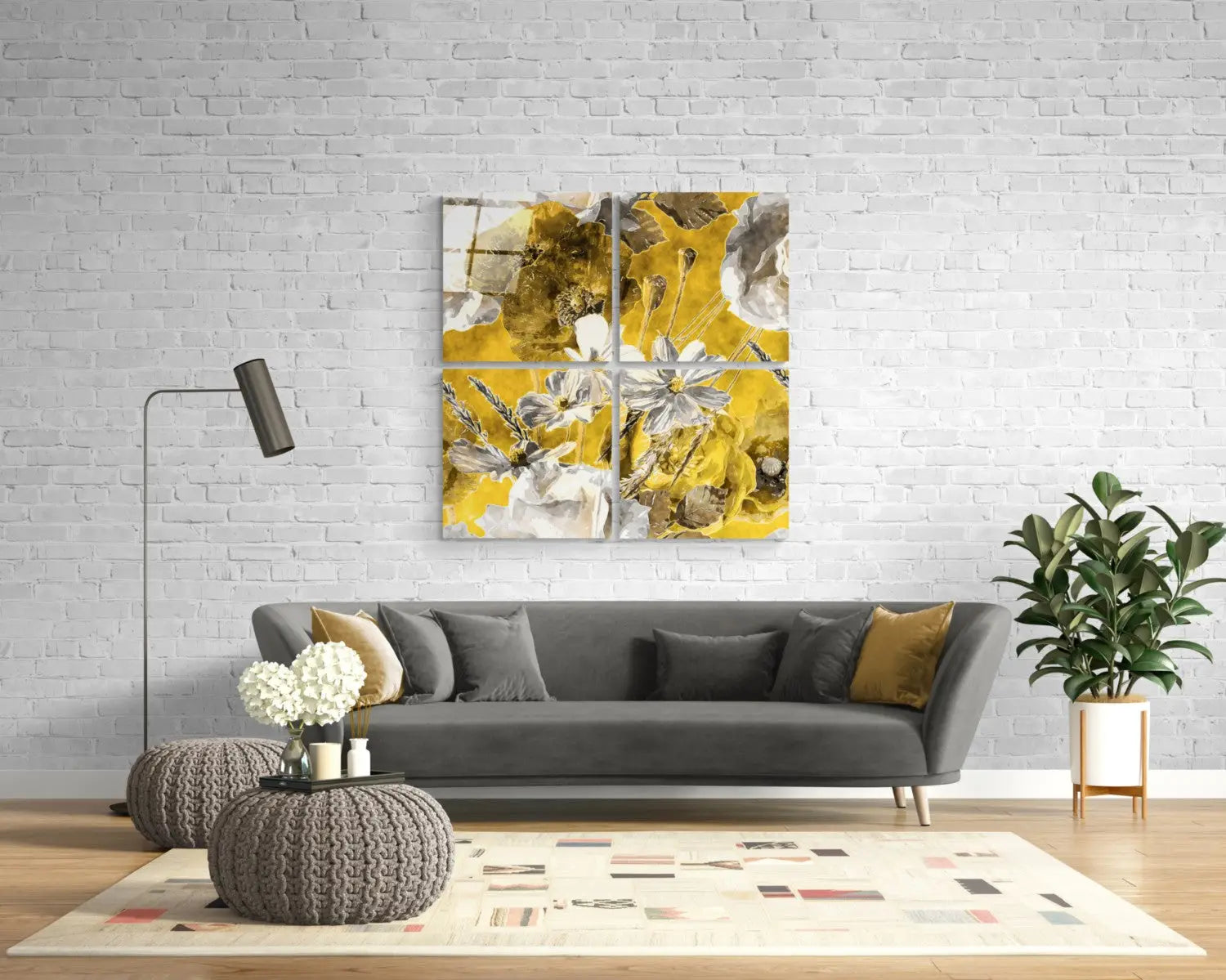 Stunning yellow floral glass wall art in four-panel canvas arrangement