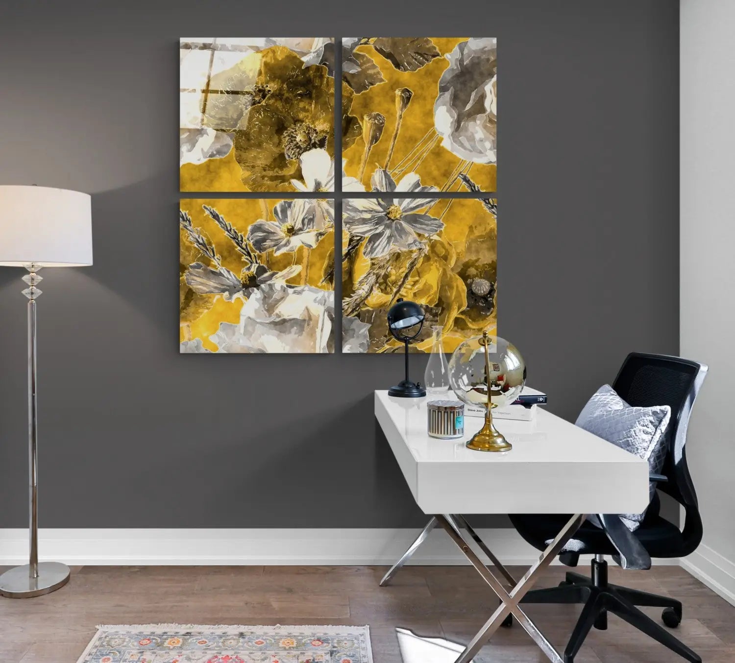 glass wall art Stunning yellow floral glass wall art in four abstract panels