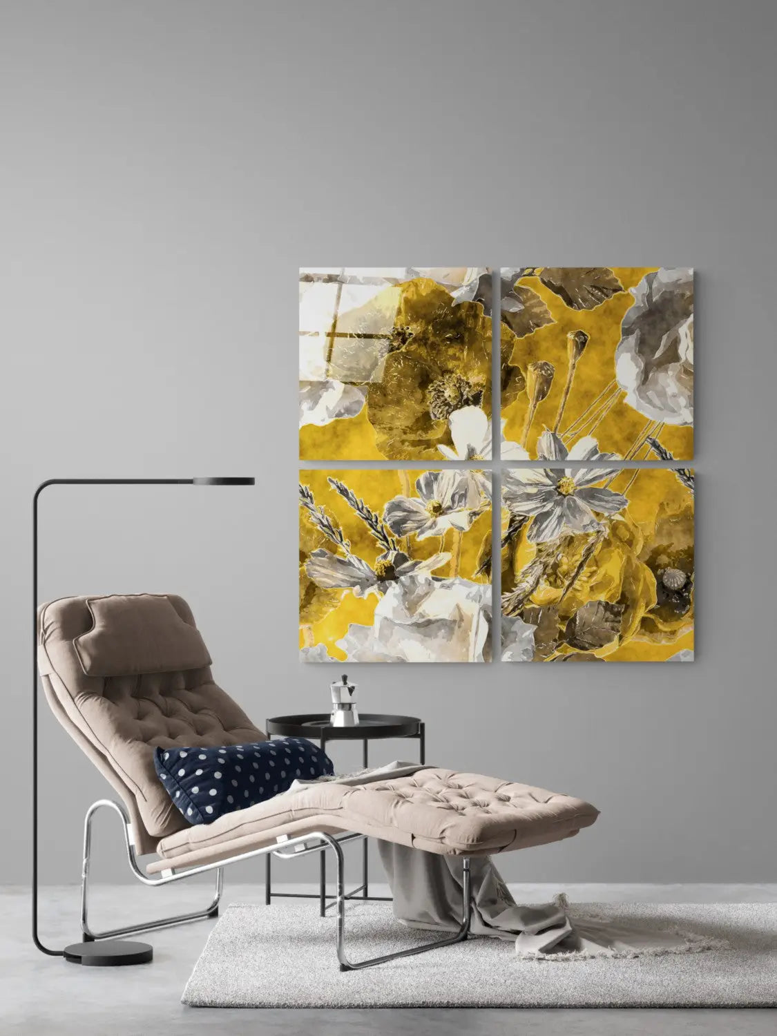 Glass Wall Art Stunning yellow floral glass wall art in four panels in modern living room