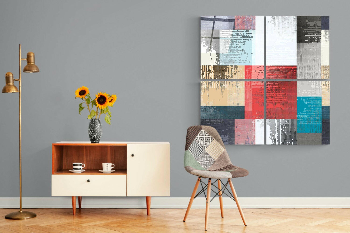 Dots Quadro Glass Wall Art displayed on gray wall above mid-century modern furniture with sunflowers and patterned chair.
