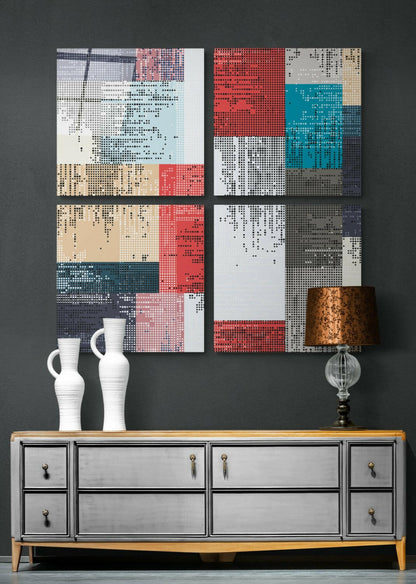 Four pixelated glass panels in red, teal, beige, and grayscale hung above a mid-century dresser with white vases and a bronze lamp.