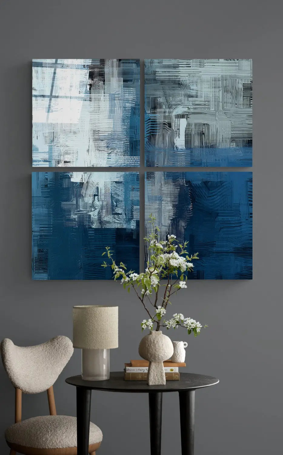 Stunning blue white glass wall art four panel set with textured abstract tones