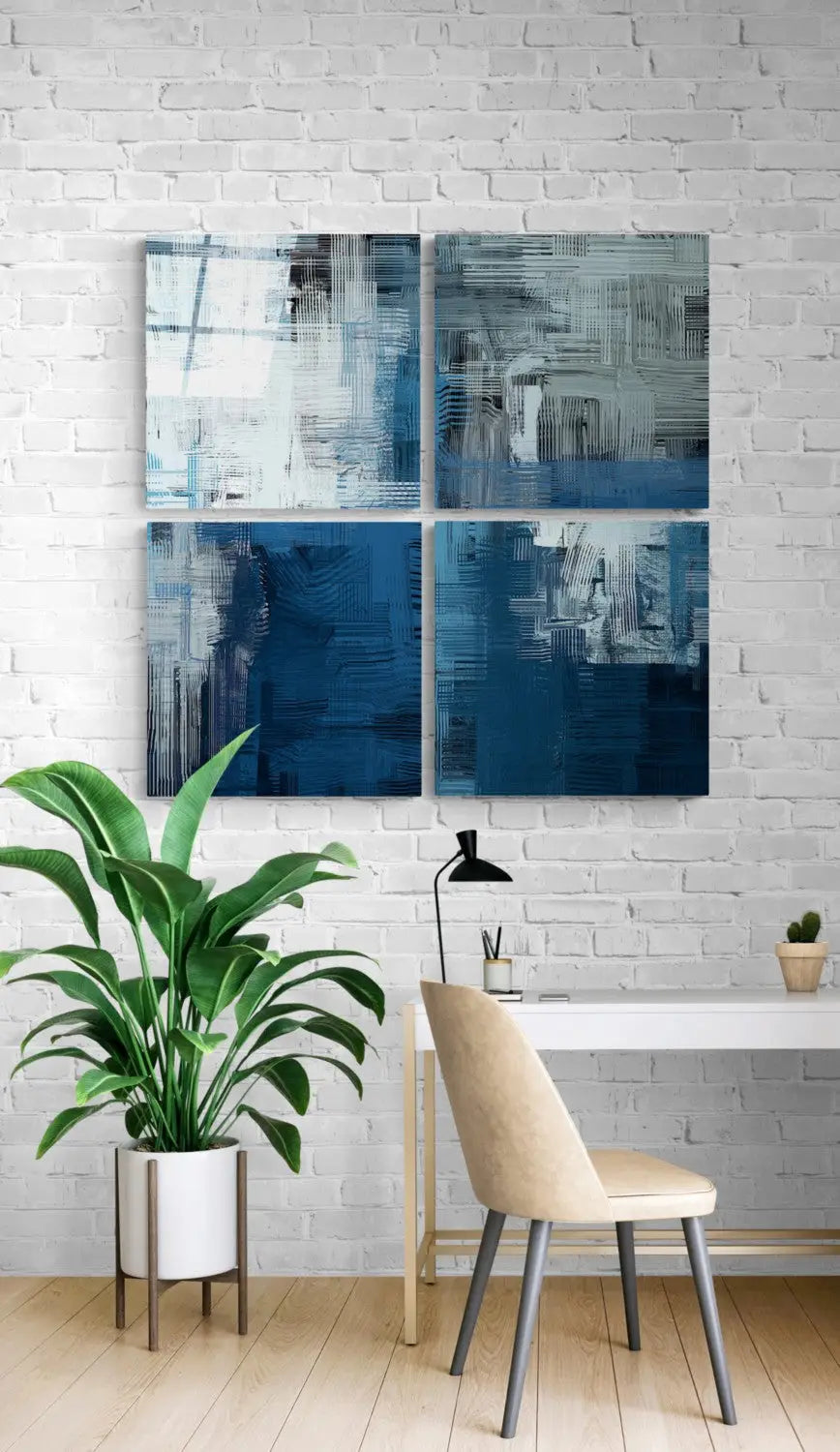 Stunning blue white glass wall art: four-panel abstract set