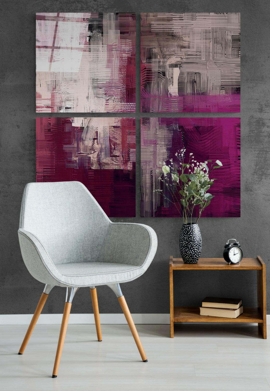 Modern interior scene featuring four-panel purple and beige abstract wall art above a light gray chair and wooden side table with flowers.