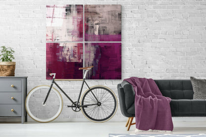 Purple Touch Quadro Glass Wall Art displayed as four panels above a bicycle and sofa in a modern living room with white brick walls.