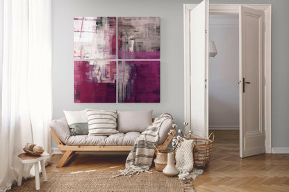 Purple Touch Quadro Glass Wall Art displayed above a wooden daybed in a minimalist living room with neutral furnishings.