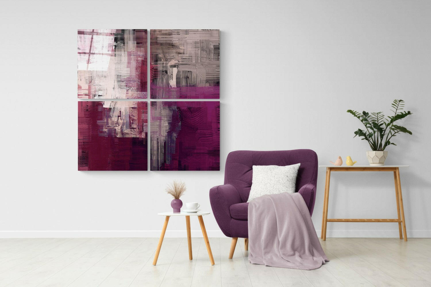 Purple Touch Quadro Glass Wall Art displayed above a purple armchair in a modern living room setting with wooden furniture and potted plant.