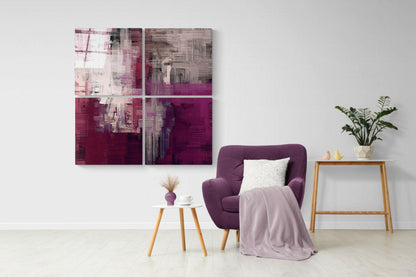 Purple Touch Quadro Glass Wall Art displayed above a purple armchair in a modern living room setting with wooden furniture and potted plant.