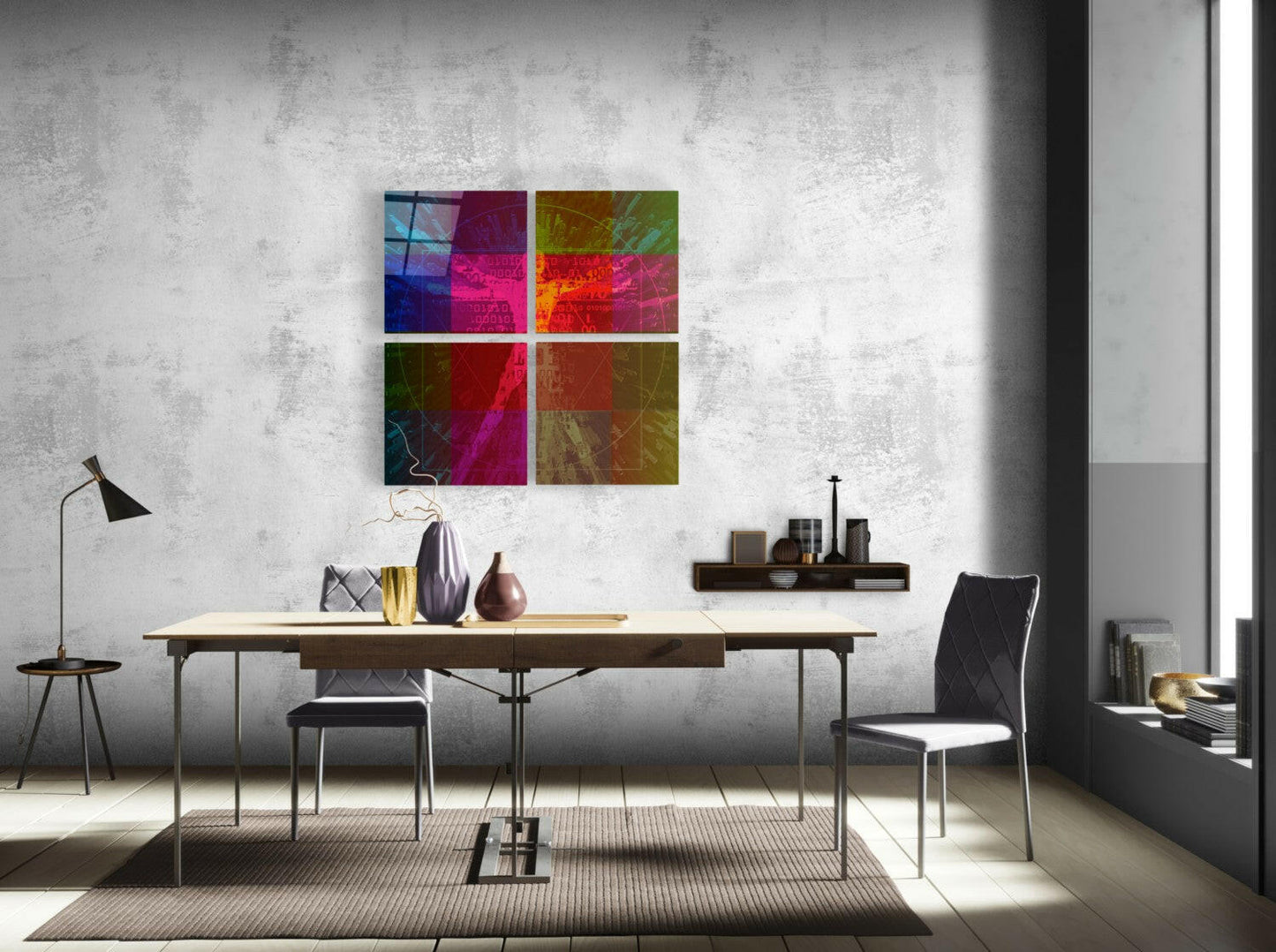 Four-panel colorful glass wall art with vibrant magenta, blue, green, and gold tones displayed above a wooden desk in a modern office setting.