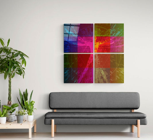 Four-panel colorful glass wall art above gray sofa displaying vibrant pink, blue, green, and orange gradient blocks with digital elements.