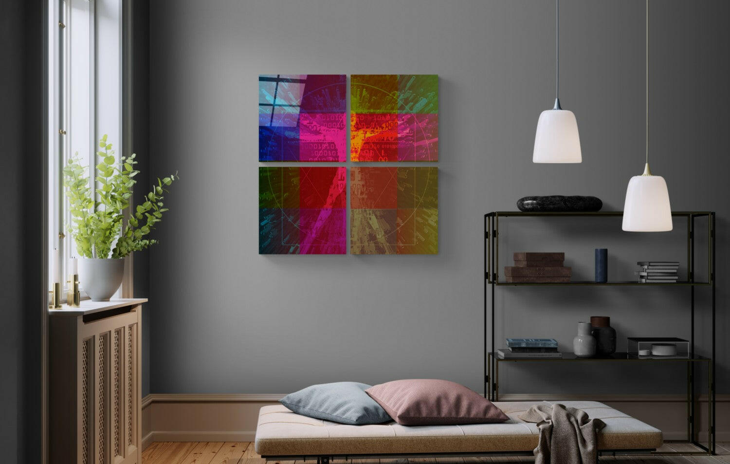 Colorful Touch Quadro Glass Wall Art displayed on gray bedroom wall above bed, featuring six vibrant multicolored glass panels with abstract patterns in pink, blue, green, and yellow tones.