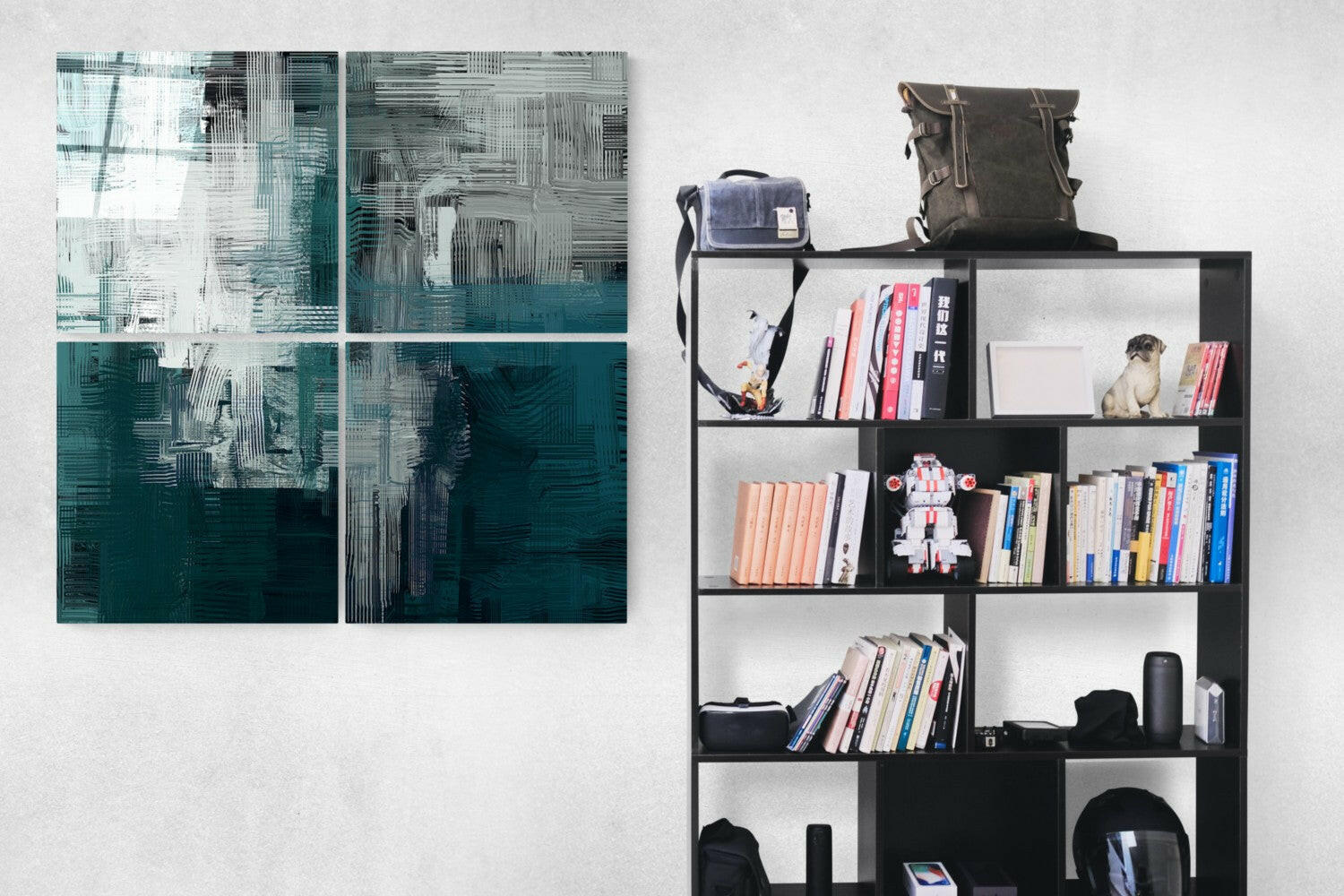 Green Quadro Glass Wall Art displayed on white wall above black shelving unit filled with books, bags, and decorative items.