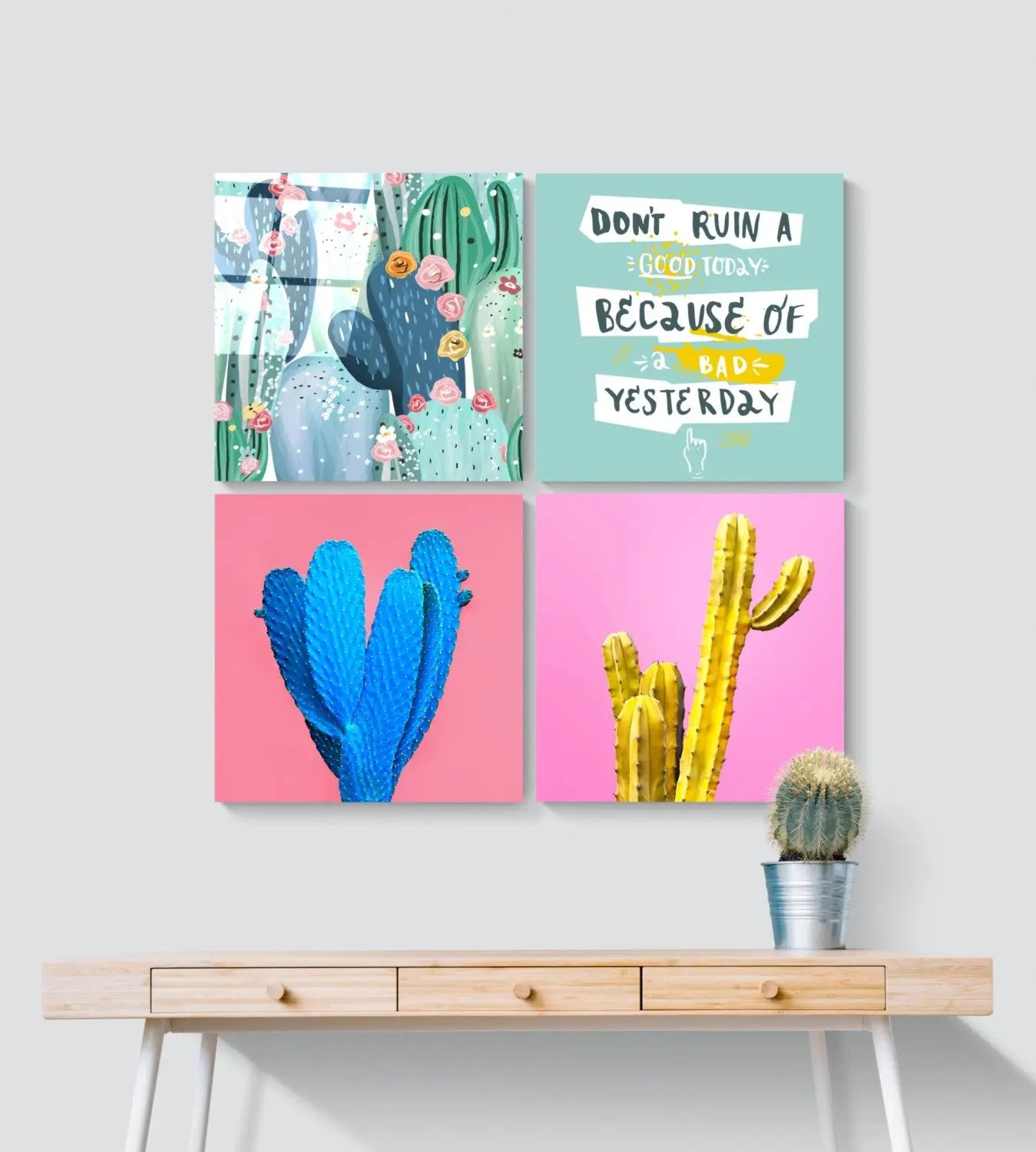 Vibrant cactus glass wall art set with motivational quotes on canvas