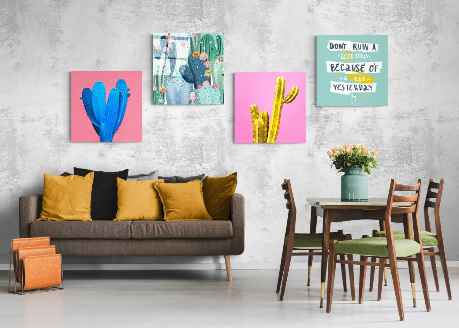 Vibrant pink teal cactus glass wall art set on gray wall