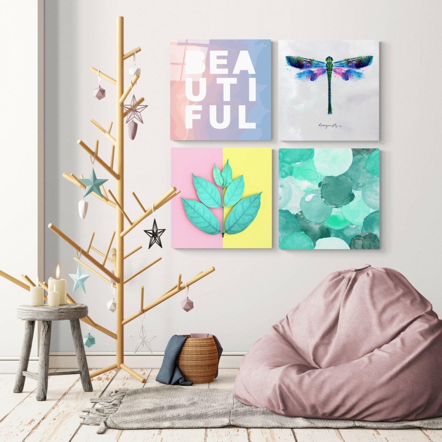 Four glass wall art panels displaying colorful designs: "Beautiful" text, dragonfly, botanical leaves, and watercolor circles in a styled room setting.