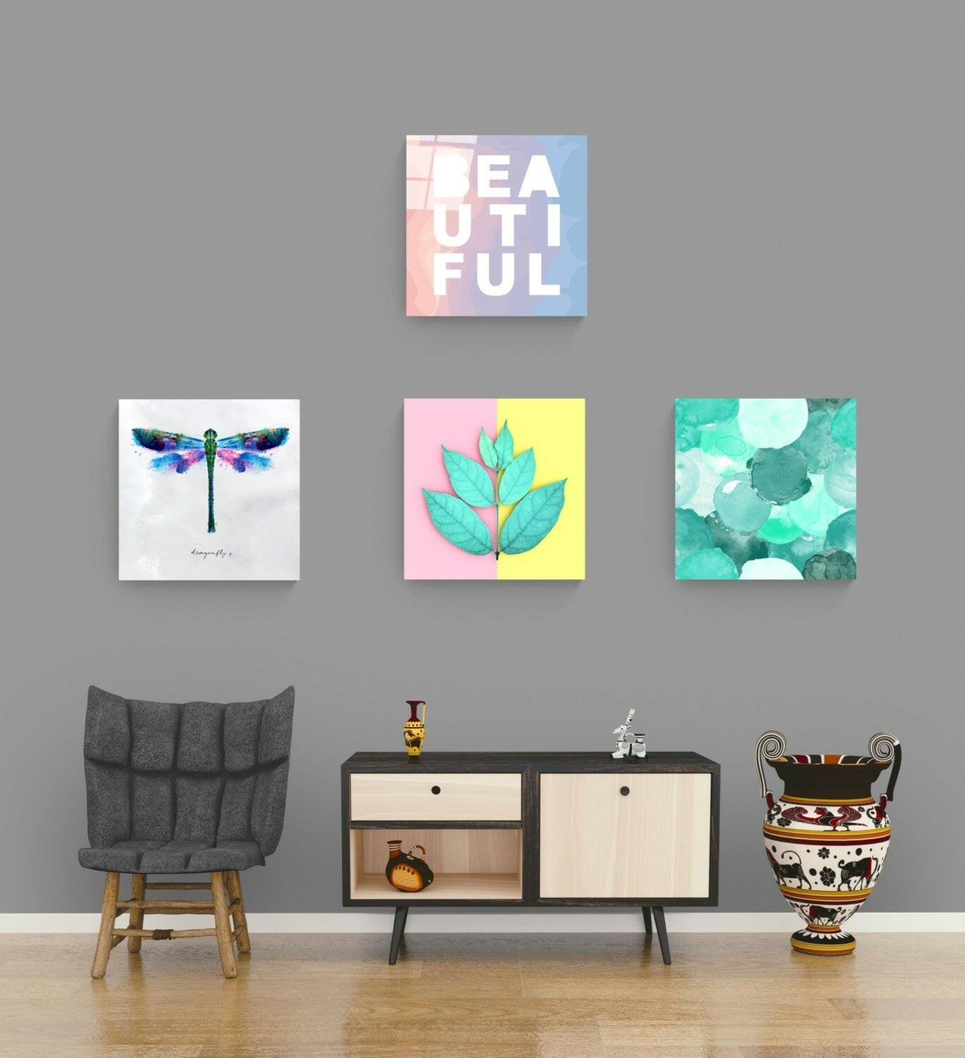 Four glass wall art panels displayed above mid-century furniture, featuring "Beautiful" text, dragonfly, botanical leaf, and abstract green circles designs.
