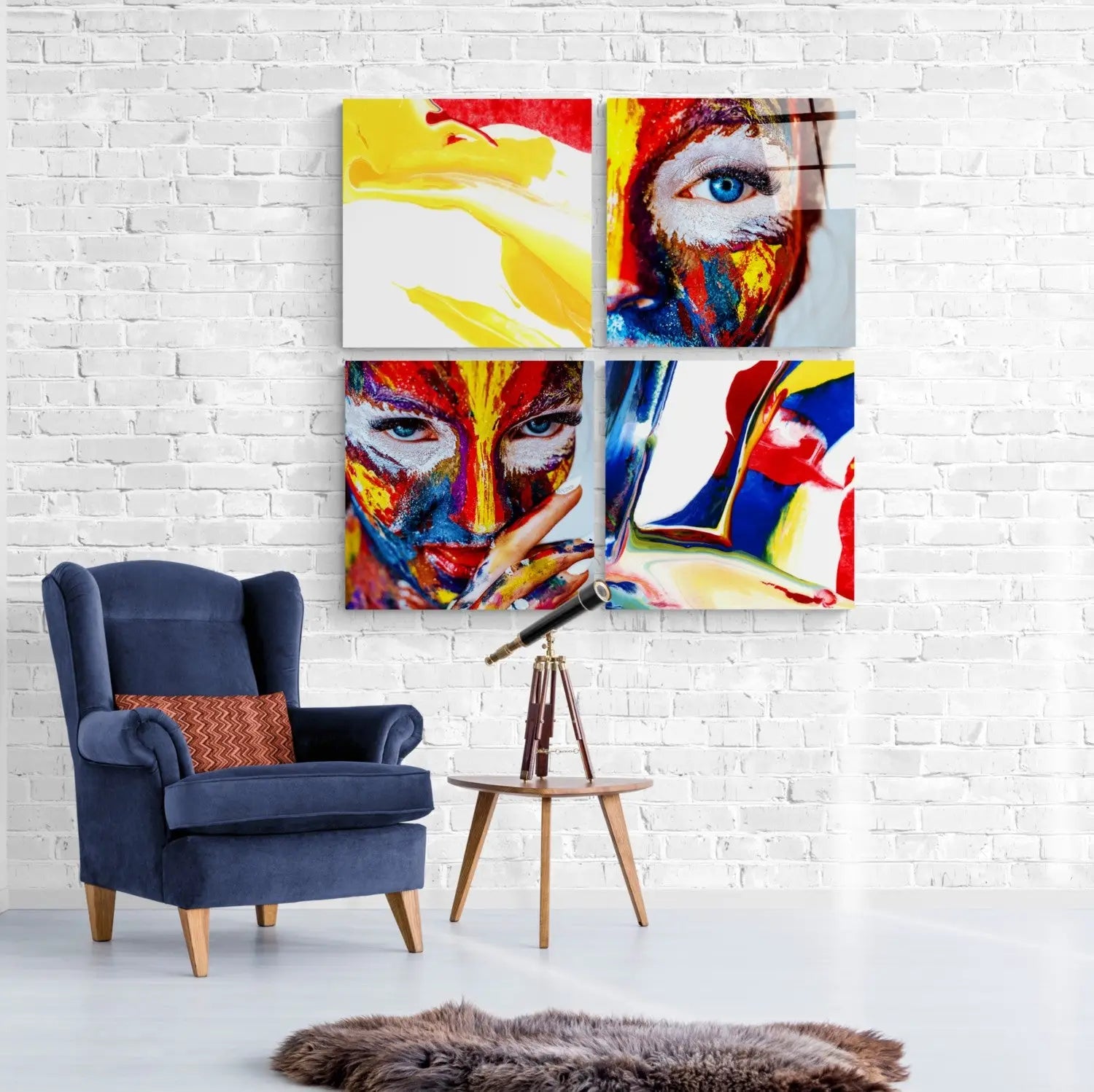 Vibrant explosive abstract face glass wall art in bold yellow, red, blue, white.
