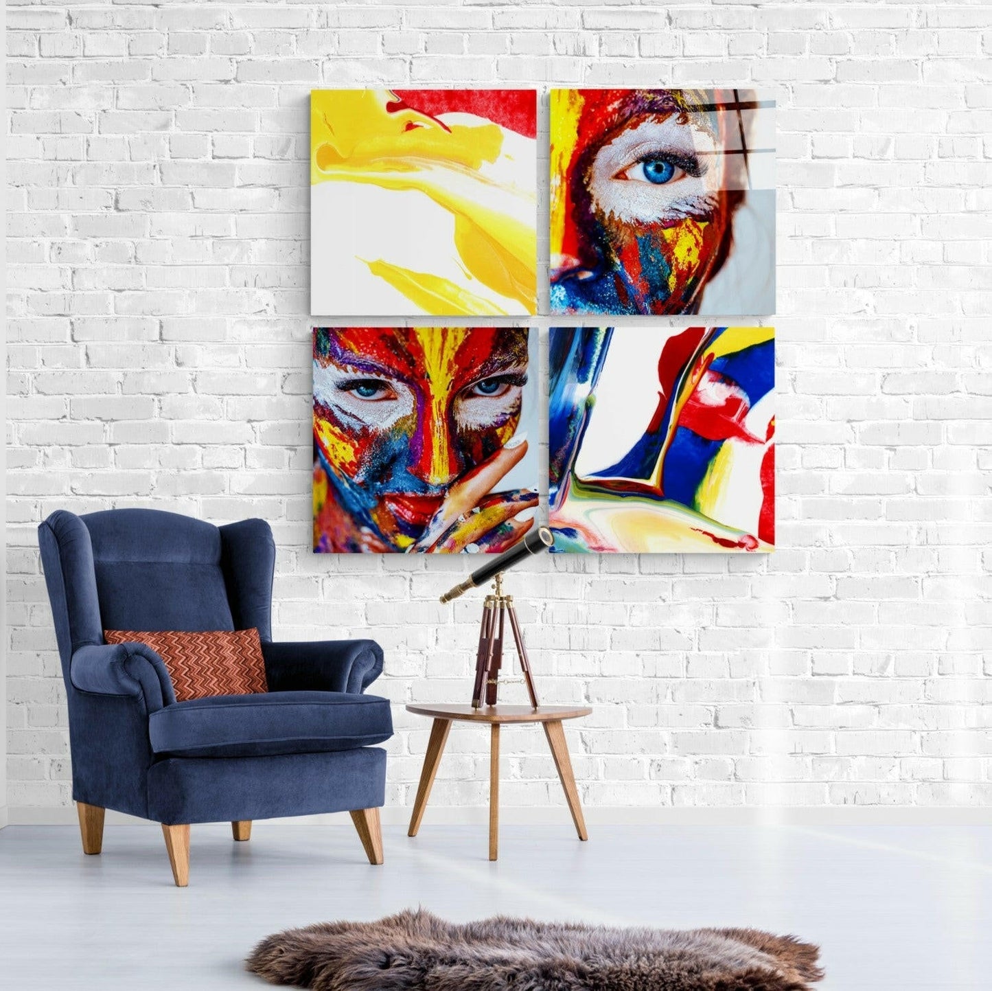 Four colorful glass panels mounted on white brick wall above blue wingback chair, featuring abstract portrait with red, yellow, and blue paint strokes and striking blue eye.