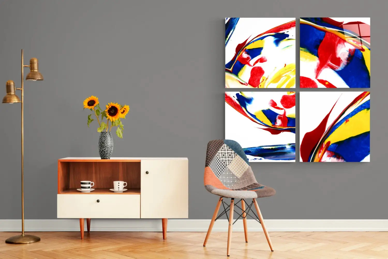 Vibrant 3-panel glass wall art set with red, blue, yellow swirls