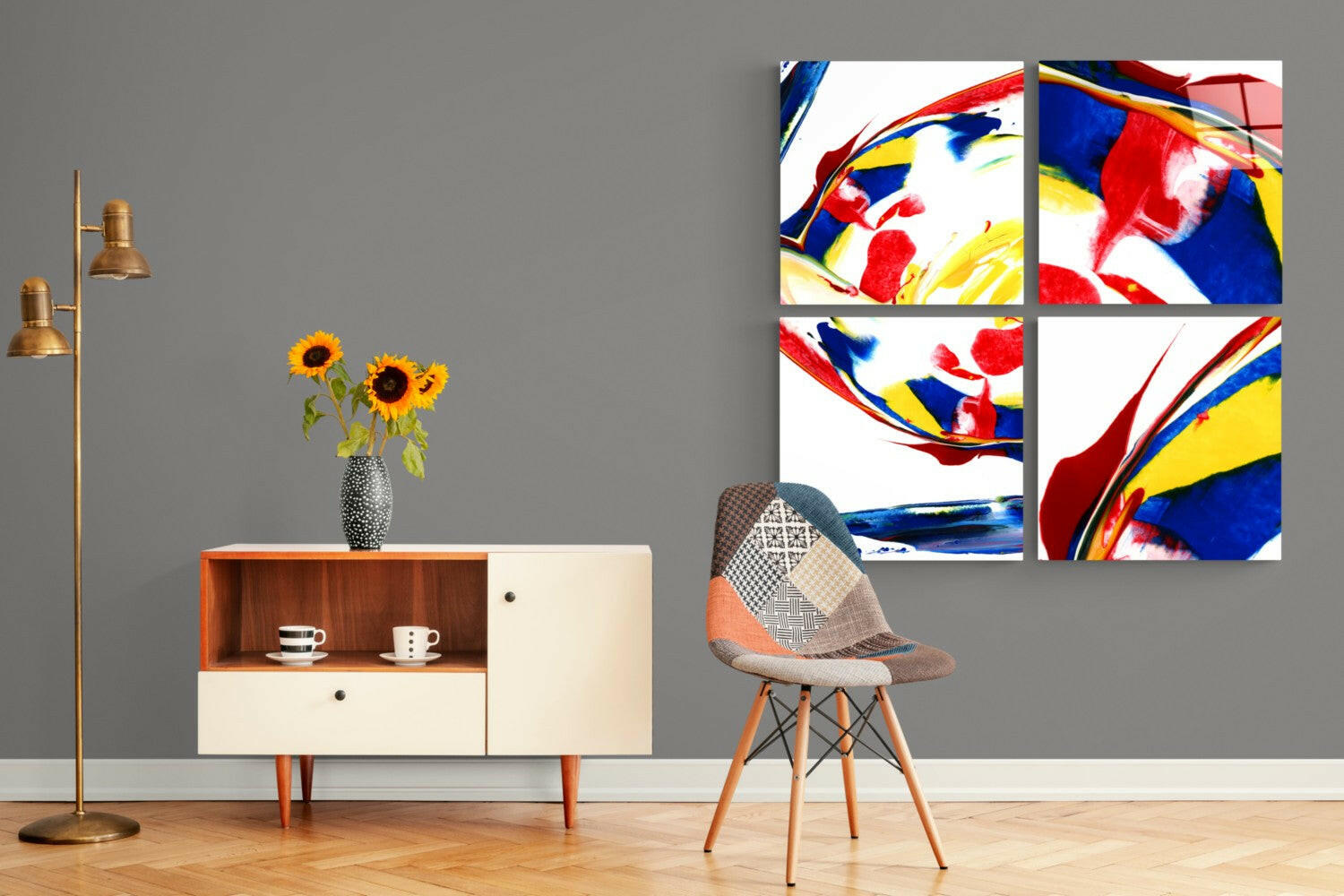 Modern living room interior featuring a colorful four-panel glass wall art with red, blue, and yellow abstract swirls displayed above a mid-century furniture arrangement.