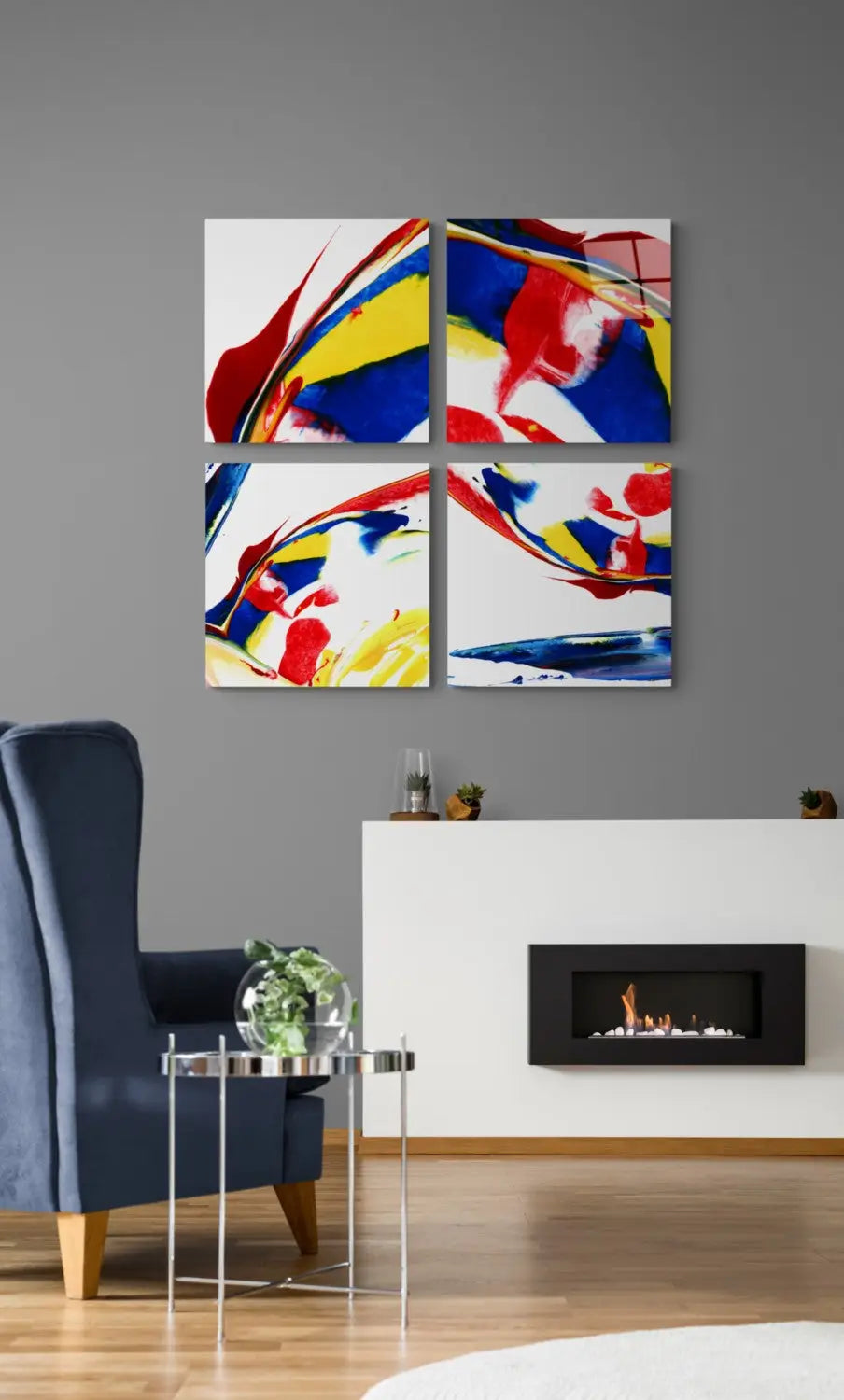 Vibrant 3-piece glass wall art set with bold red, yellow, blue strokes on white