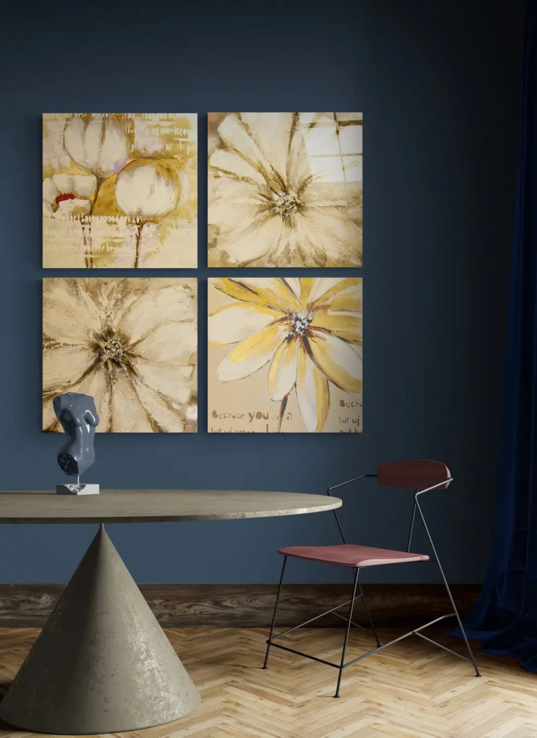 Gray abstract glass wall art sculpture on white pedestal in golden tones