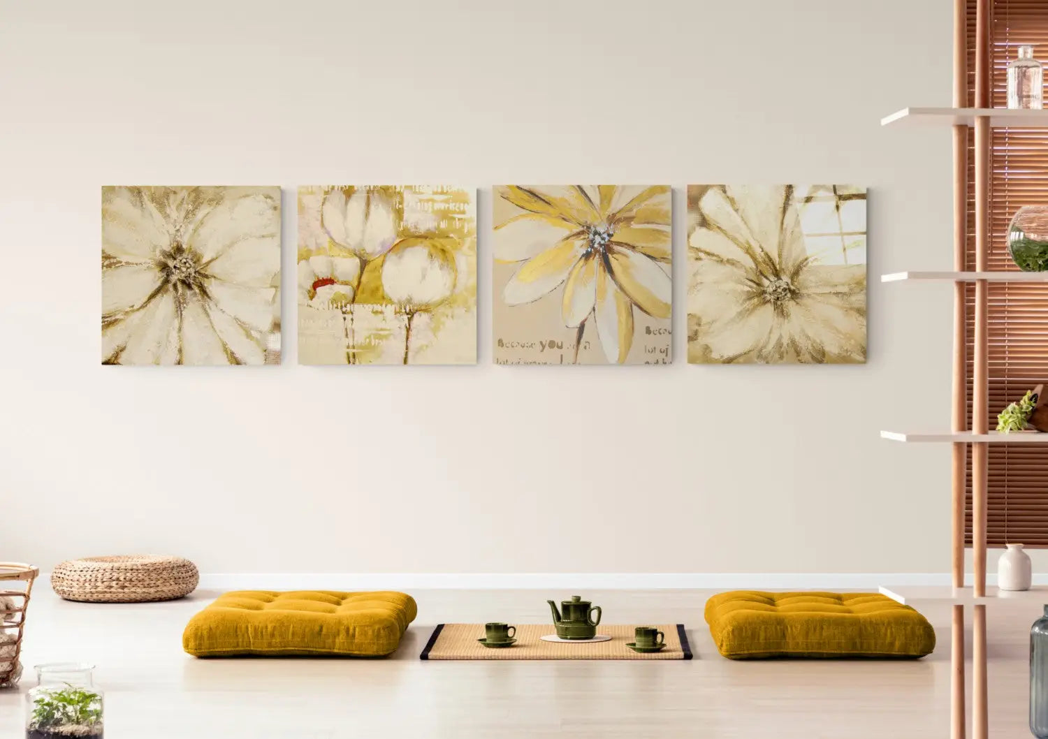 Set of four beige yellow abstract floral glass wall art prints