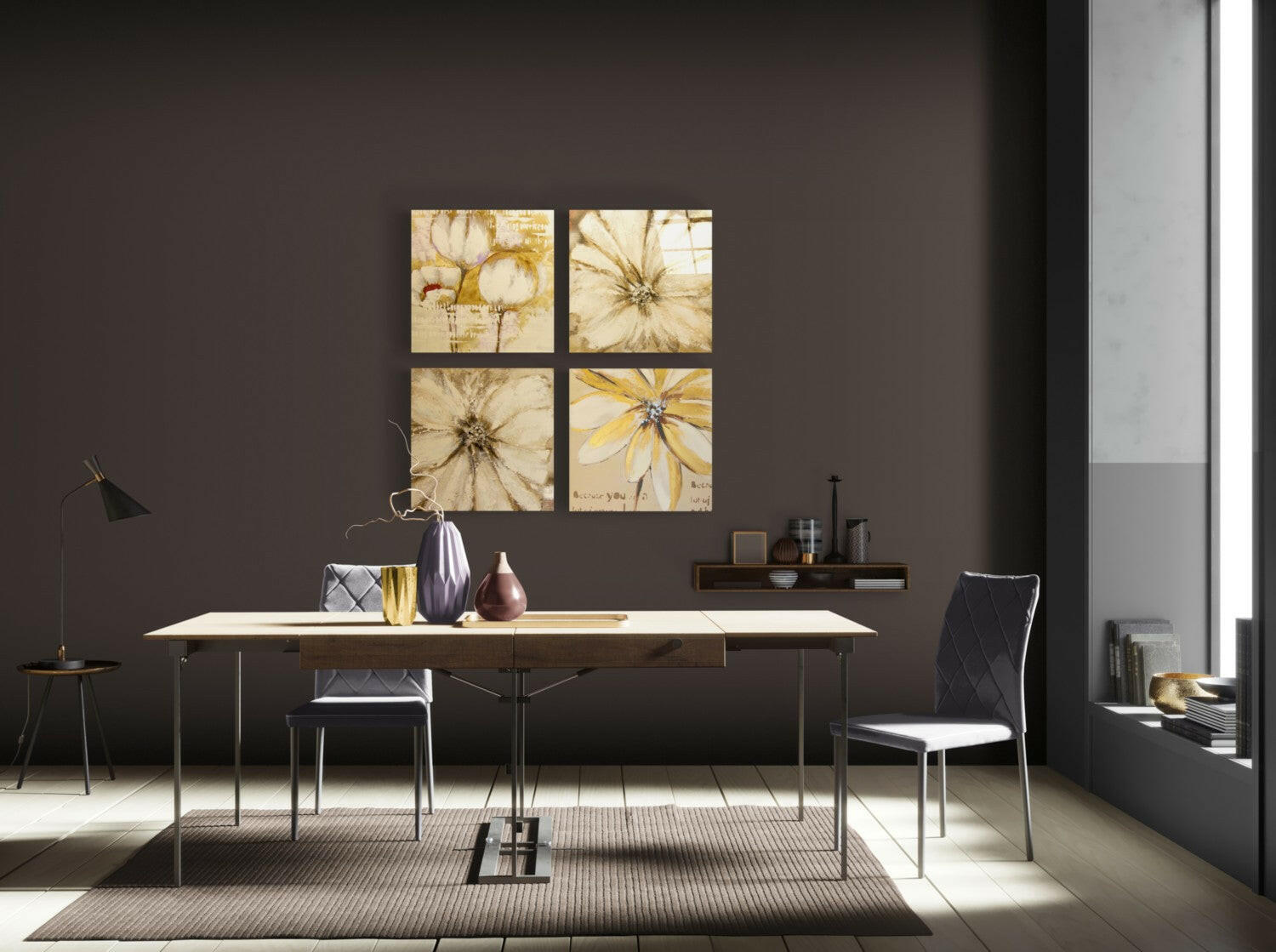 Four-panel yellow flower glass wall art displayed above a wooden desk in a modern office setting with dark walls.