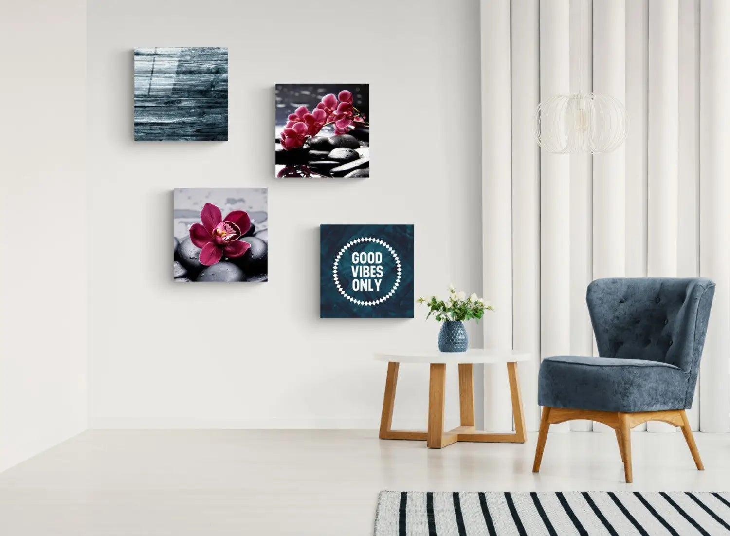 Blue tufted armchair with wooden legs in glass wall art display